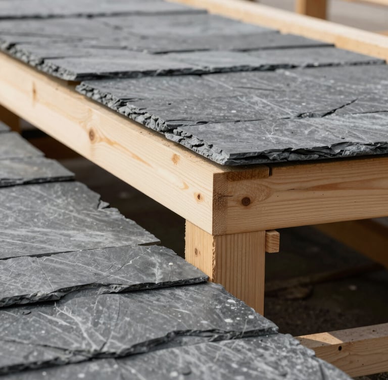 Close-up of raw construction materials, heavy timber joinery and slate tiles under crisp overcast daylight, architectural detail, high-contrast gray tones.