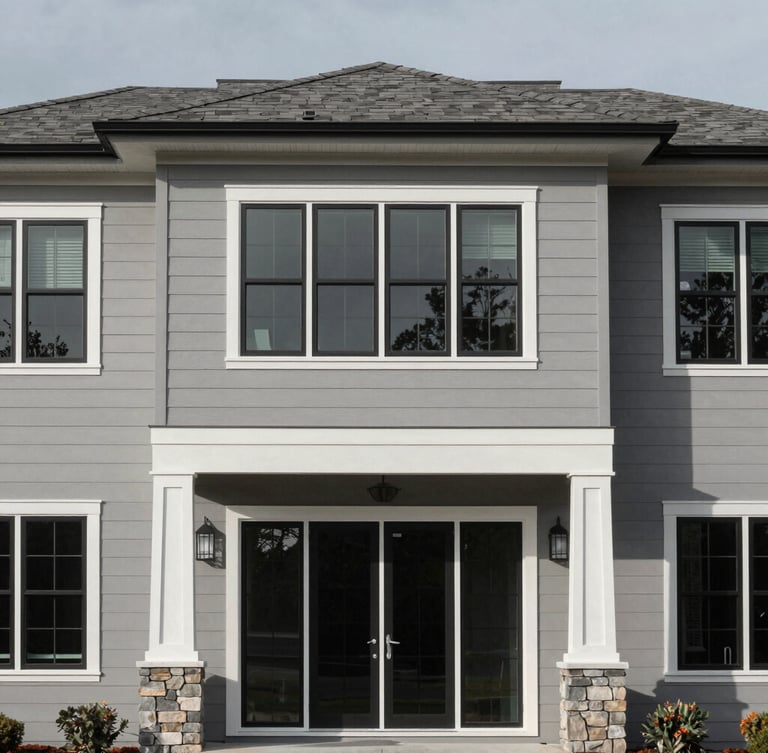 Architectural elevation of a modern residential property in North Carolina, sharp morning daylight, high-contrast desaturated gray tones, crisp framing visible, 35mm lens.
