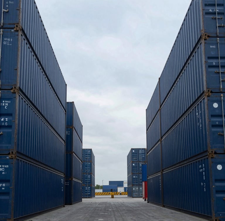 Symmetrical wide-angle shot of a modern port terminal with clean blue container stacks under a cool overcast morning sky, sharp architectural lines, 35mm photography