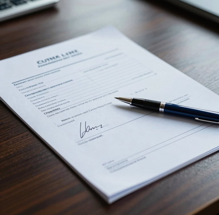 Close-up of signed customs documentation and a steel pen on a professional dark wood desk, sharp focus, cool morning light, 35mm photography