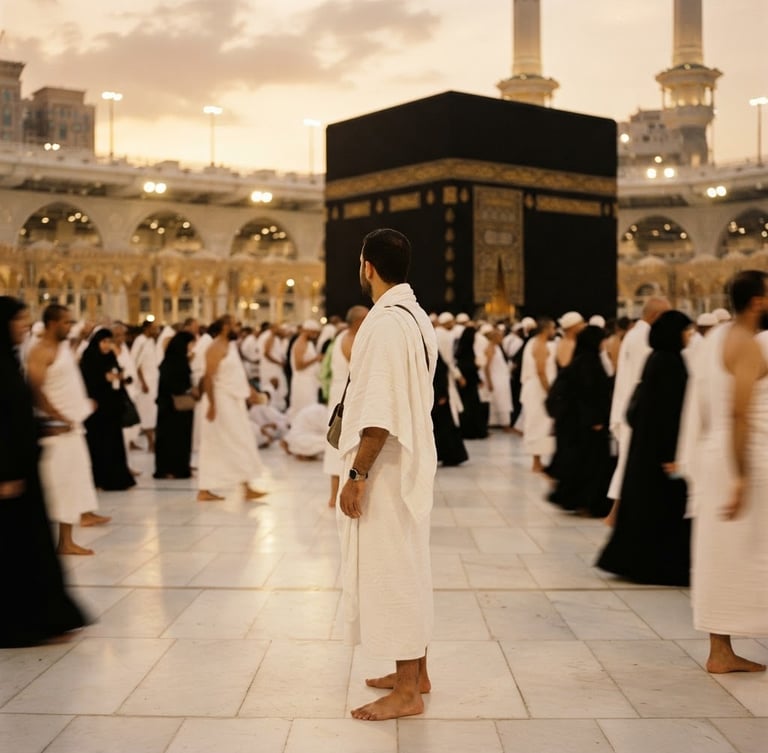 Serene environmental shot of a pilgrim in white Ihram looking towards the Kaaba, soft golden hour sunlight, warm 35mm editorial style