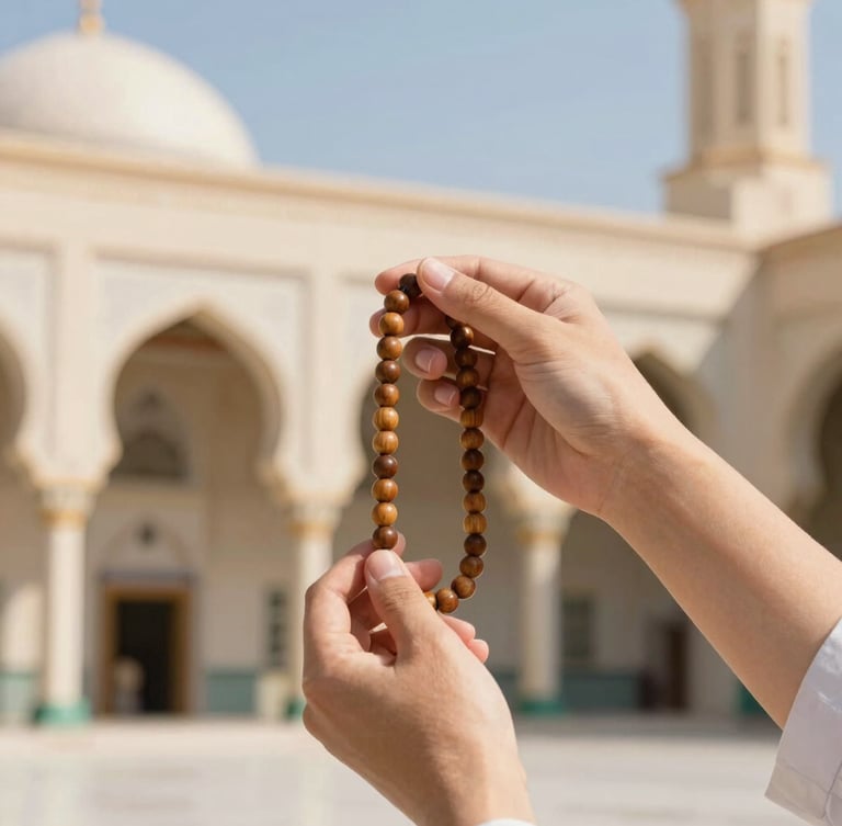 Close-up of hands holding wooden prayer beads with the soft-focus architectural arches of Al-Masjid an-Nabawi in the background, warm daylight
