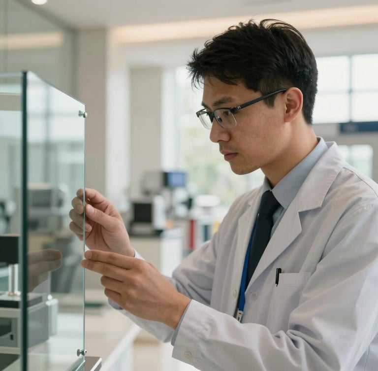 Close-up shot of a professional inspector checking a clean glass surface in a bright commercial lobby, warm natural light, sharp focus, professional uniform.