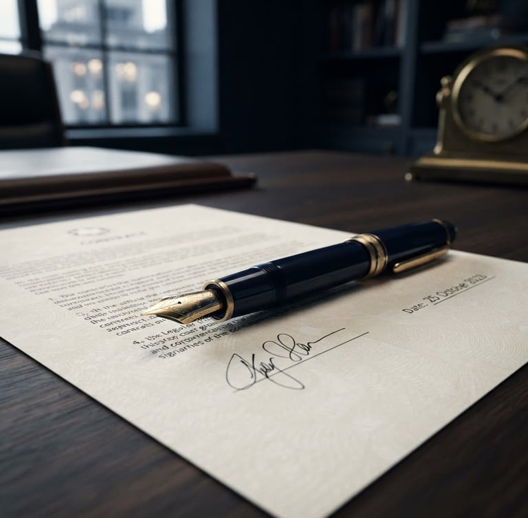 Macro shot of a high-end fountain pen resting on a signed corporate contract, warm matte gold reflections, deep navy shadows, professional office setting, 35mm
