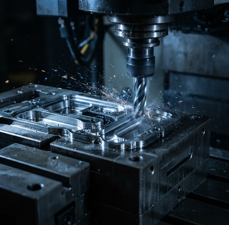 Macro close-up of a high-precision CNC milling machine cutting a hardened steel mold core with cool blue studio lighting, metallic steel textures, sharp industrial photography, 35mm