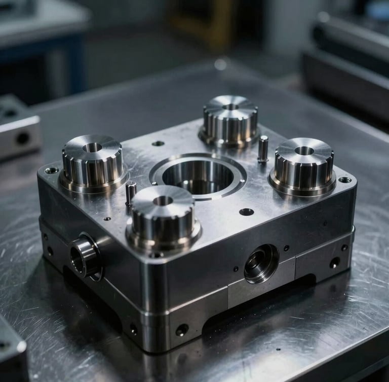 A polished multi-cavity injection mold core resting on a clean, dark inspection table, dramatic high-contrast industrial lighting, metallic textures, sharp industrial photography