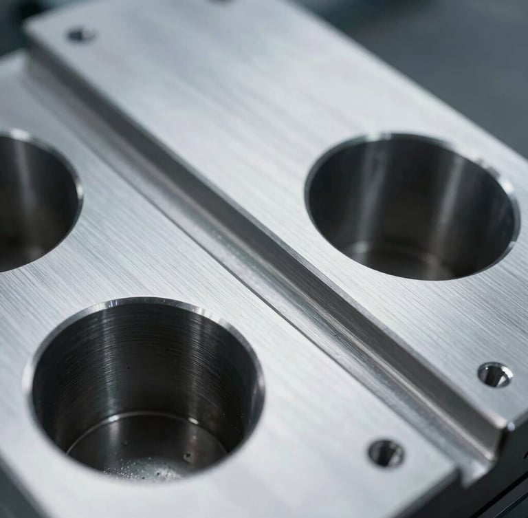 Macro close-up of a highly polished multi-cavity injection mold core, flawless steel surface reflecting cool white studio light, sharp parting lines, professional industrial photography