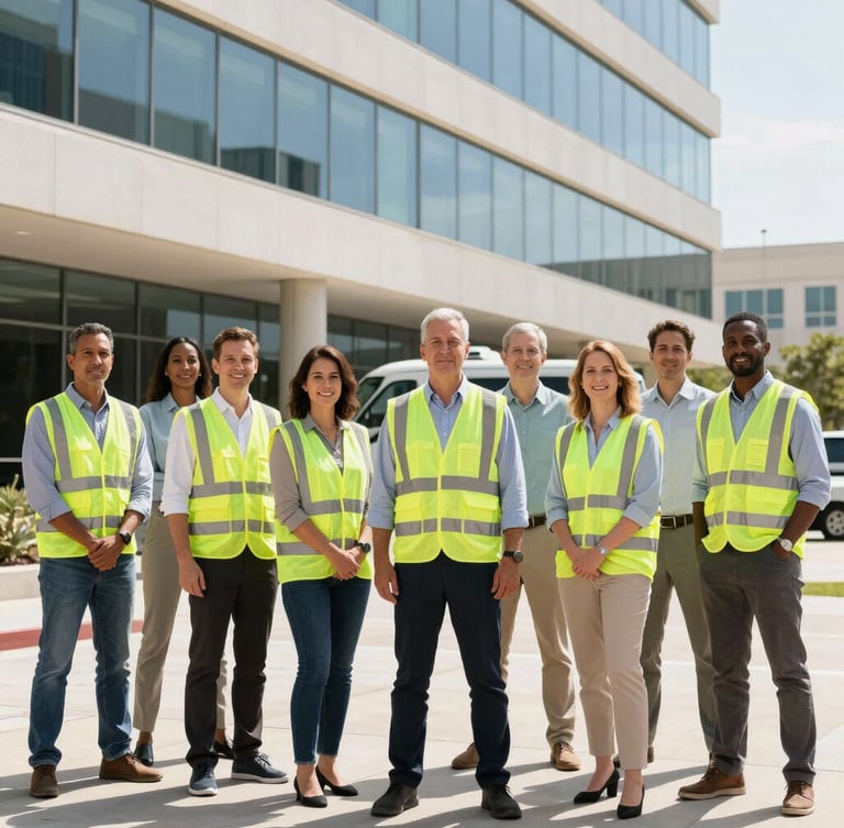 Professional portrait of a diverse team of land development consultants, some in high-visibility vests, others in business-casual attire, standing in front of a modern office building with a white fleet vehicle visible in the background, bright Texas daylight, high contrast.