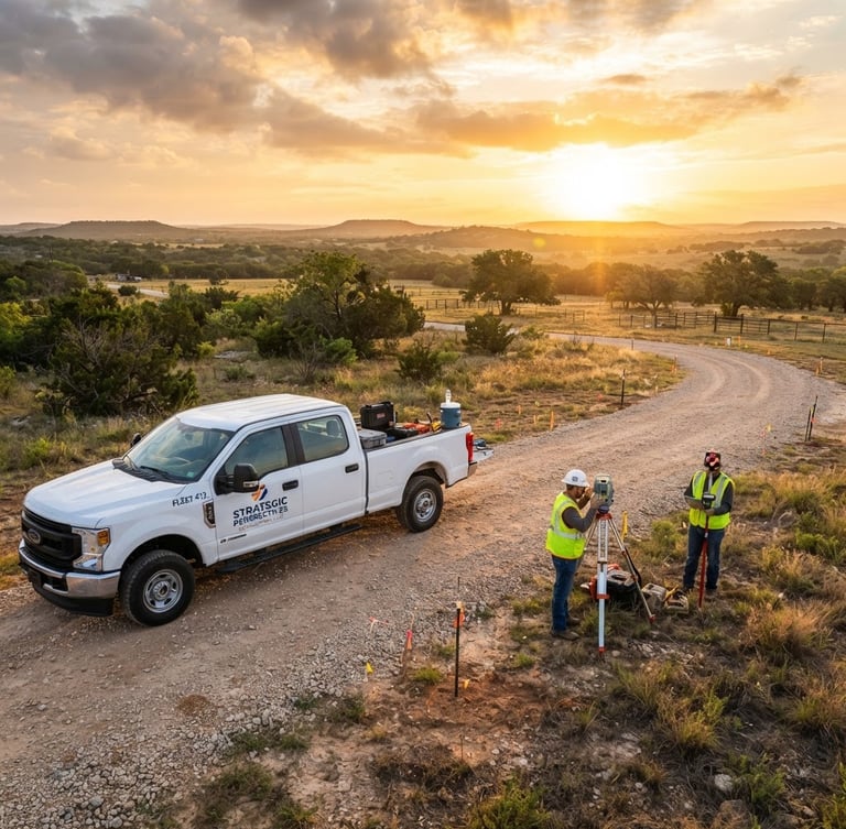 Wide-angle shot of a white fleet truck with STRATEGIC PERSPECTIVES DEVELOPMENT, LLC branding parked on a Texas land parcel at sunrise, surveyors in high-visibility vests nearby, bright direct sunlight, high contrast natural tones, wide-angle lens.