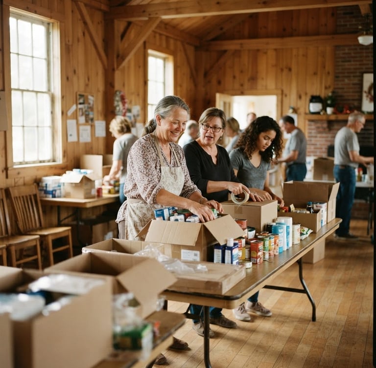 Warm candid documentary shot of volunteer women arranging care packages in a sunlit wooden community hall, soft natural daylight, classic 35mm film look