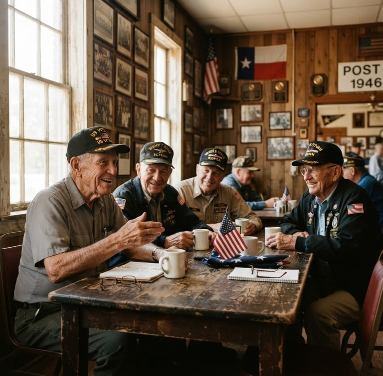 Warm documentary photograph of East Texas veterans gathered around a rustic wooden table in the post hall, morning light streaming through windows, historic frames on the wall.