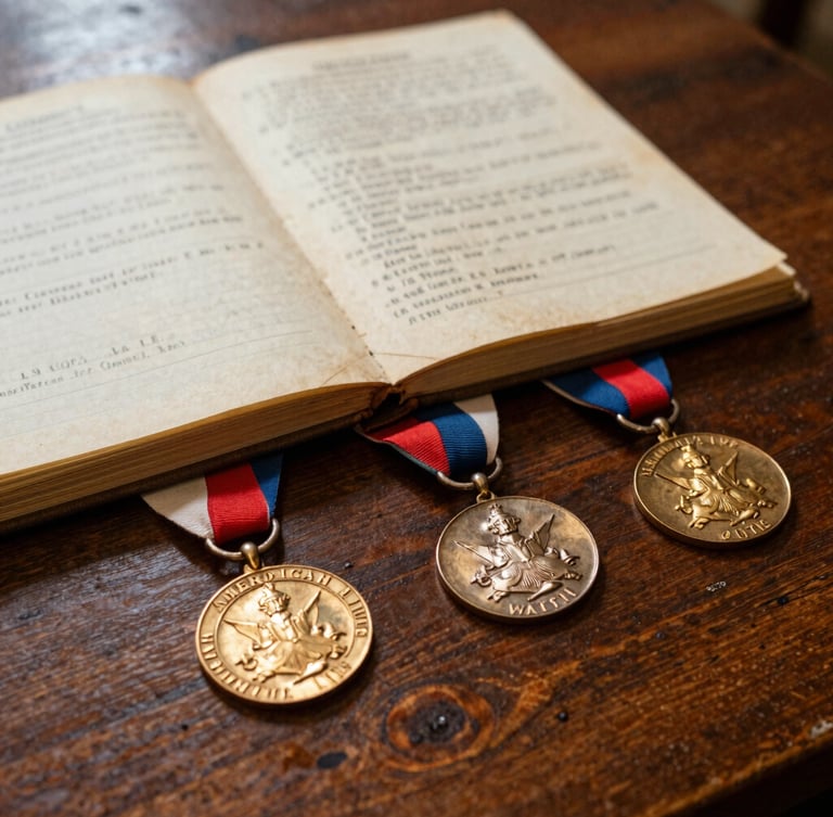 A close-up of vintage American Legion Auxiliary medals and a yellowed historical ledger on a dark wooden table, warm indoor lighting, rich historical tones