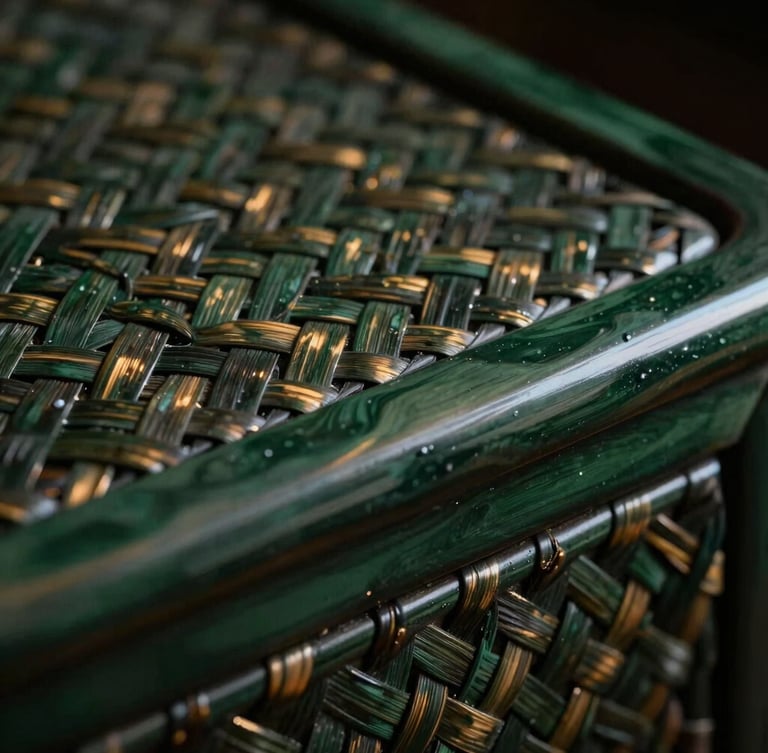 Close-up of hand-woven bamboo texture beside a sleek dark green lacquer surface, warm metallic glints, dramatic low-key lighting, rich shadows, premium craftsmanship