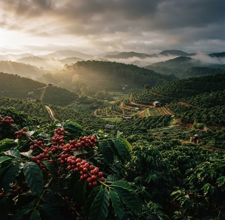 Wide panoramic view of lush green coffee plantations in Vietnam's Central Highlands at dawn, soft directional side-light, mist rising, focus on vibrant coffee cherries, low horizon, dark moody editorial photography, 35mm