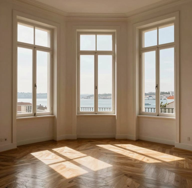 Wide architectural crop of a sun-drenched Lisbon apartment interior, tall Pombaline windows with warm afternoon sunlight streaming across wooden floors, minimalist design, high dynamic range.