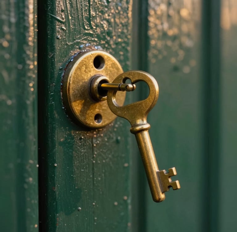 Close-up of a brass key turning in an old dark green wooden door, soft golden hour light reflecting on the metal.