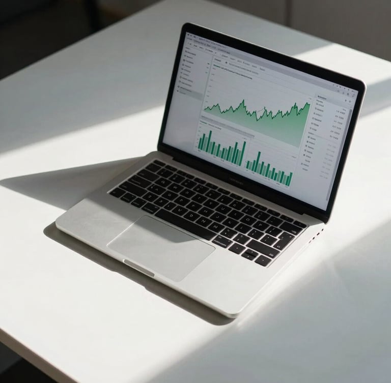 Tight overhead shot of a clean modern desk, a laptop displaying a crisp financial dashboard with green charts, natural cool-toned side lighting, architectural shadows.
