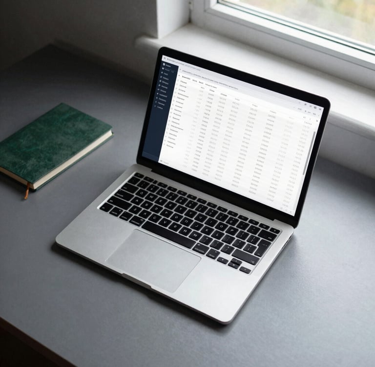 Tight overhead flat-lay of a contemporary workspace with a modern laptop showing a clean, dark-themed financial dashboard interface, blurred proprietary ledger numbers, cool-toned natural light from a side window, minimalist desk setup, forest green accent notebook.