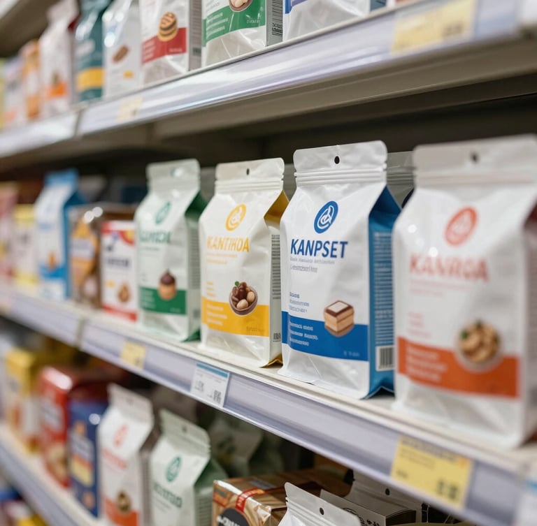 Close-up of packaged consumer goods neatly aligned on a modern retail shelf in India, bright natural light, crisp focus on packaging.