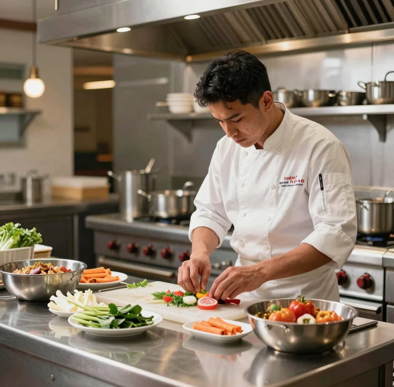 Professional commercial kitchen in a premium Indian hotel, stainless steel counters, clean bright lighting, chef arranging fresh ingredients