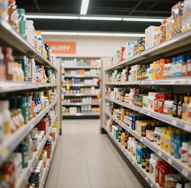 Medium shot of structured modern trade aisles in Chennai, bright professional lighting, products neatly aligned on shelves, showcasing last-mile retail presence.