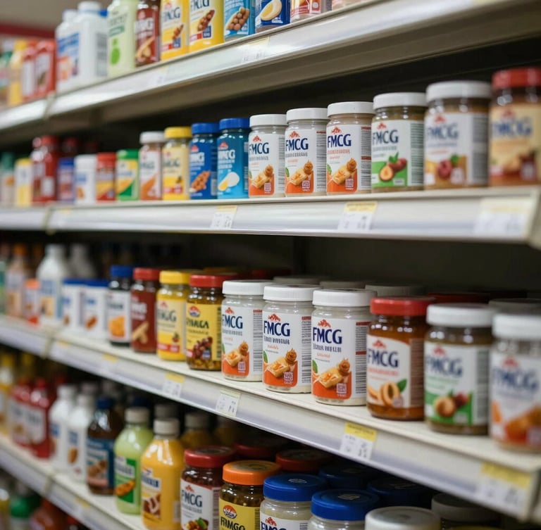 Close-up of neatly aligned FMCG products on a brightly lit canteen shelf in India, showing structured order.