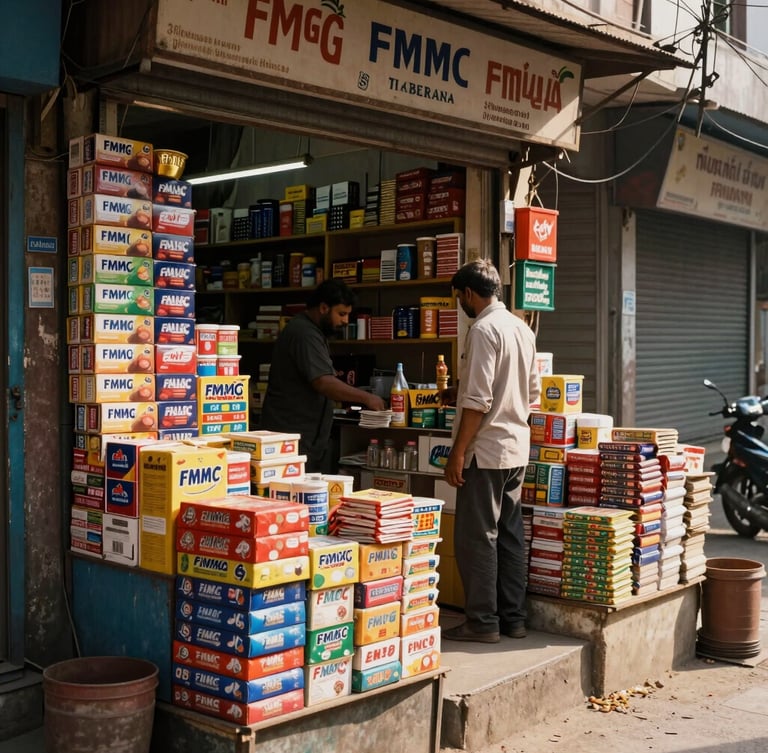 A bustling traditional Indian Kirana storefront, neatly stacked FMCG goods, warm morning daylight, authentic street scene