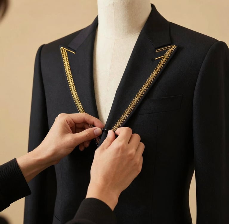 Editorial close-up of a tailor's hands adjusting the gold-threaded lapel of a black wool blazer on a mannequin, warm studio lighting