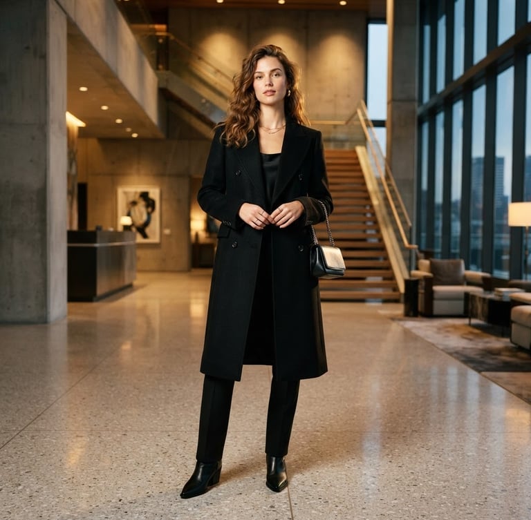 Editorial full-body portrait of a stylish young woman in a structured black wool coat standing in a clean, modern luxury concrete lobby, warm golden studio lighting, sharp focus, 35mm lens