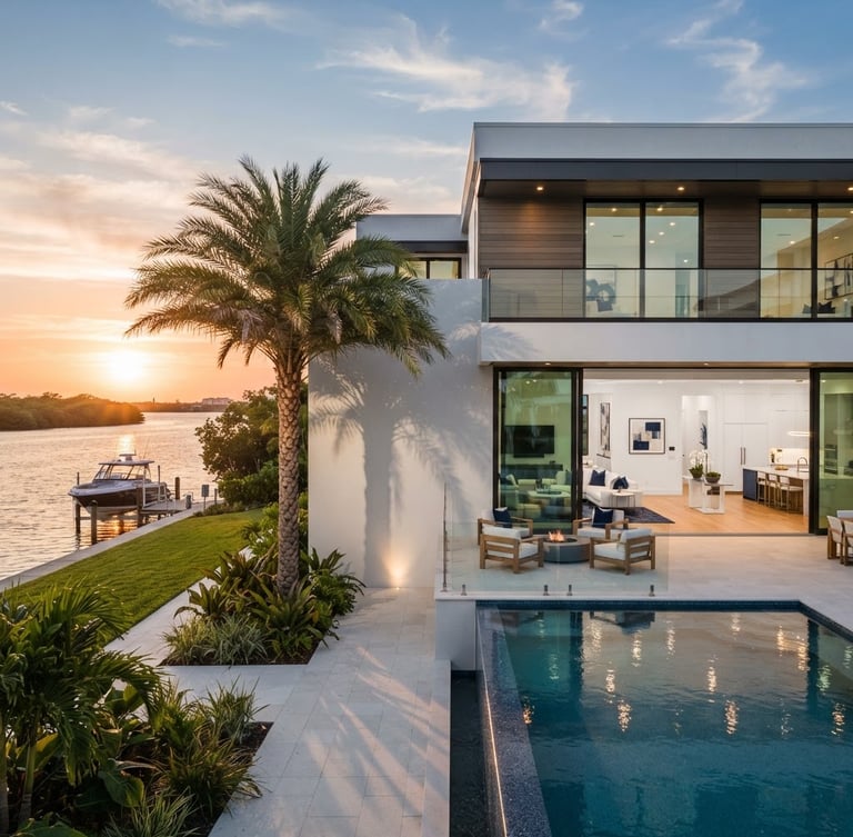 Bright architectural exterior of a modern luxury Florida home, clean lines, white stucco, warm sunset light, palm tree shadow, wide-angle realistic proportions.