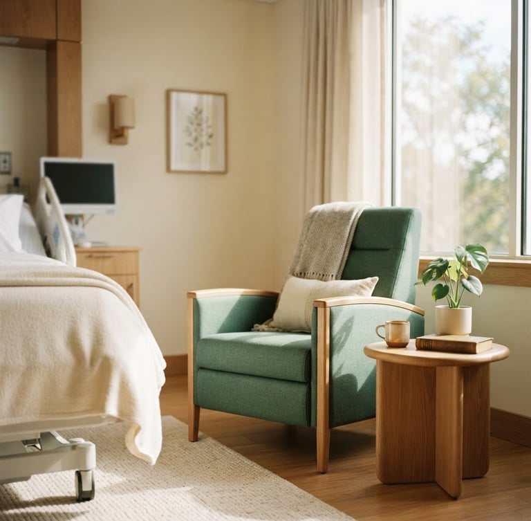 A sunlit, minimalist hospital recovery room with warm oak accents, soft natural window light casting gentle shadows on a comfortable lounge chair, muted emerald tones, shallow depth of field.