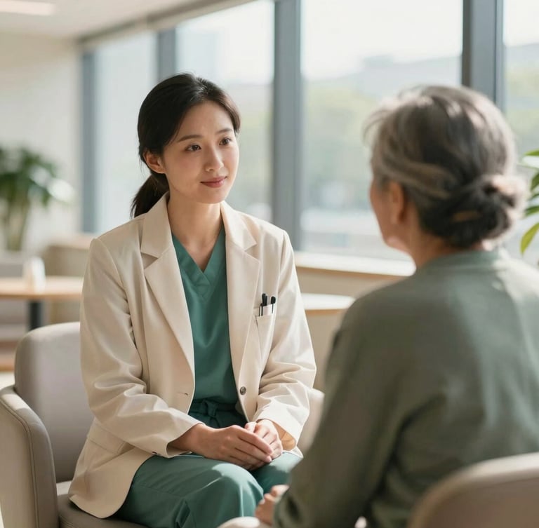 A professional female healthcare concierge in a warm cream blazer talking reassuringly to an elderly patient in a sunlit, modern hospital lobby, soft natural light, shallow depth of field.