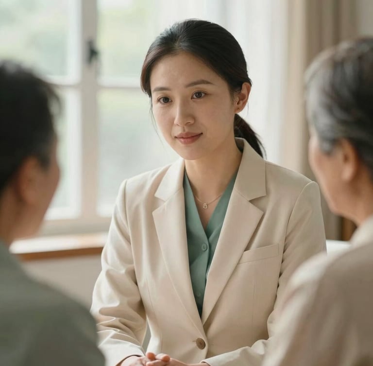 Medium close-up of a professional concierge in a warm cream blazer talking reassuringly to an elderly patient in a sunlit room, soft depth of field.