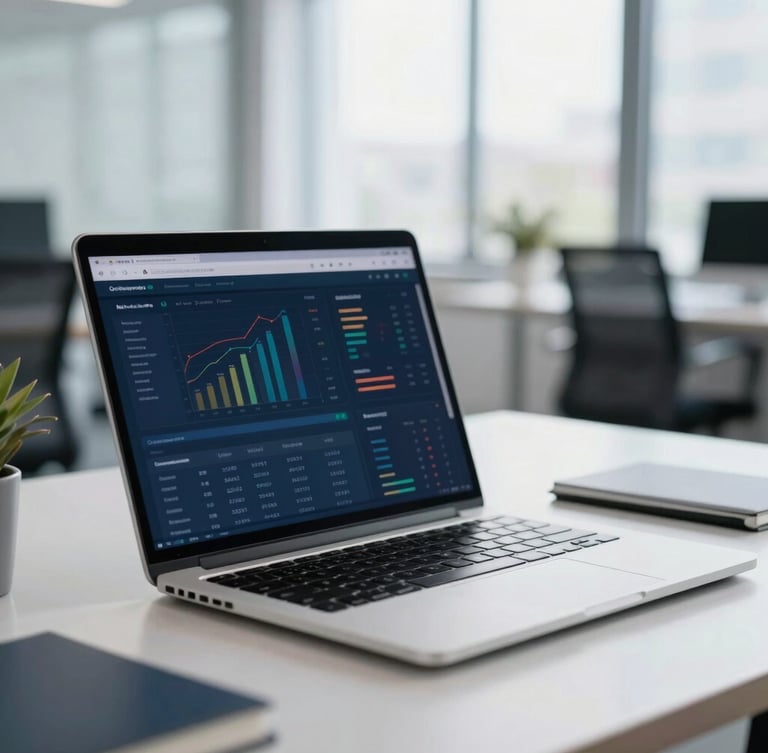 A bright modern workspace with a clean laptop screen showing data visualizations, soft daylight, professional atmosphere