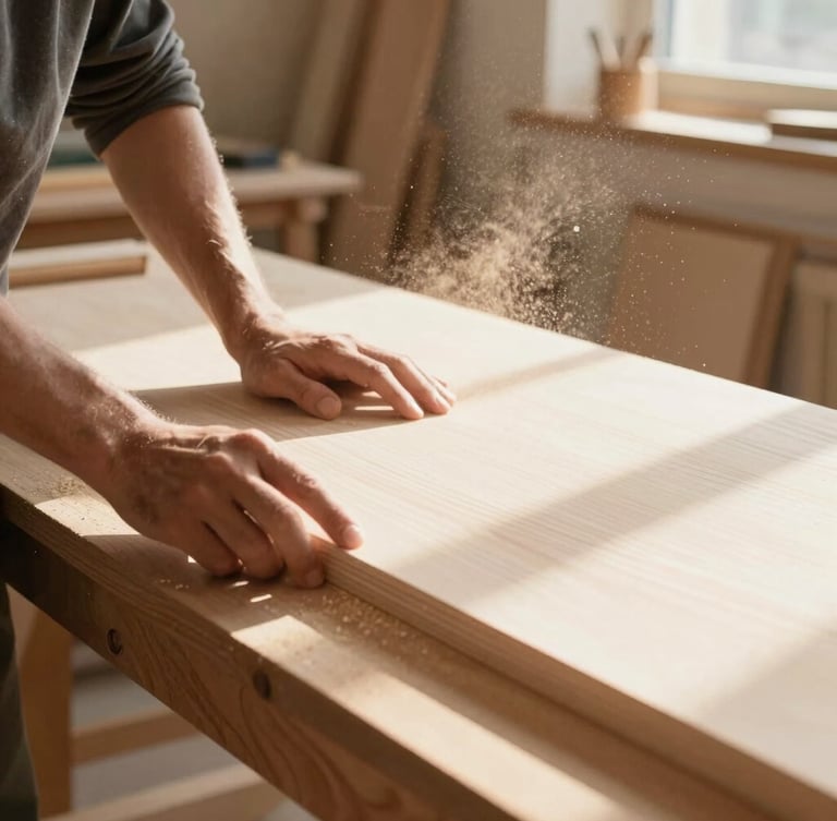 Warm editorial photography of a sunlit wood workshop in Gironde, fine sawdust floating in golden morning light, a craftsman's hands touching a smooth light paulownia board, 35mm