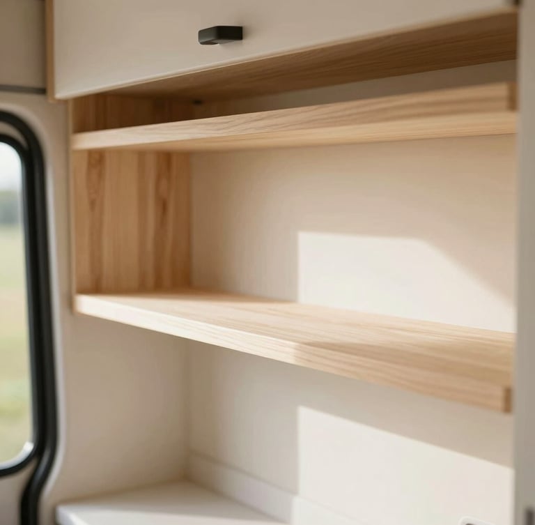 Close-up of clean, minimalist wooden shelves made of light Paulownia wood inside a beautifully designed camper van, warm natural light, Japandi style, shallow depth of field
