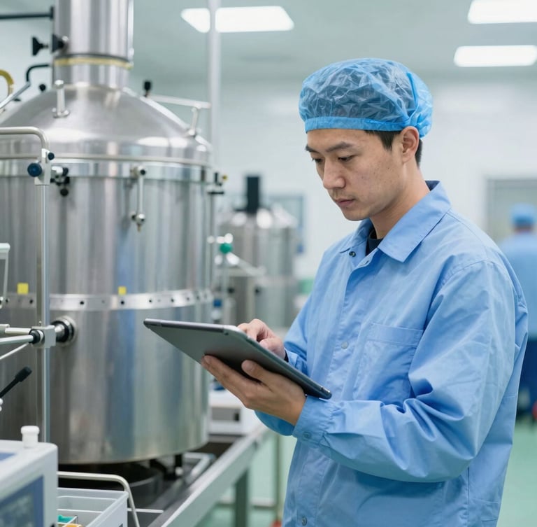 Medium shot of a professional industrial supervisor in cleanroom uniform, holding a tablet, inspecting a sterile production line in a modern food processing plant