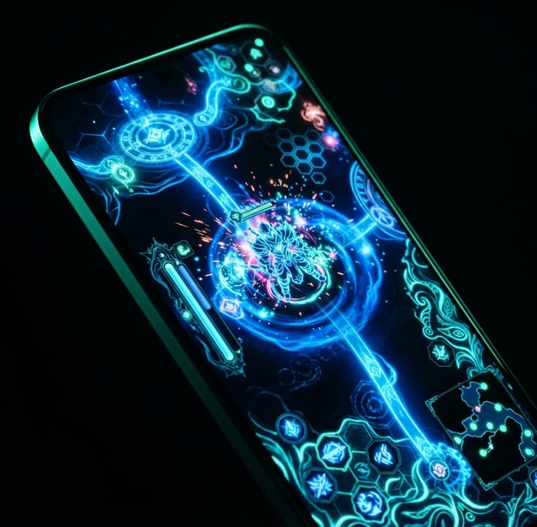 Macro shot of a high-end Android smartphone screen displaying a fluid, glowing electric blue game UI, neon mint rim lighting, deep dark background, 8k resolution
