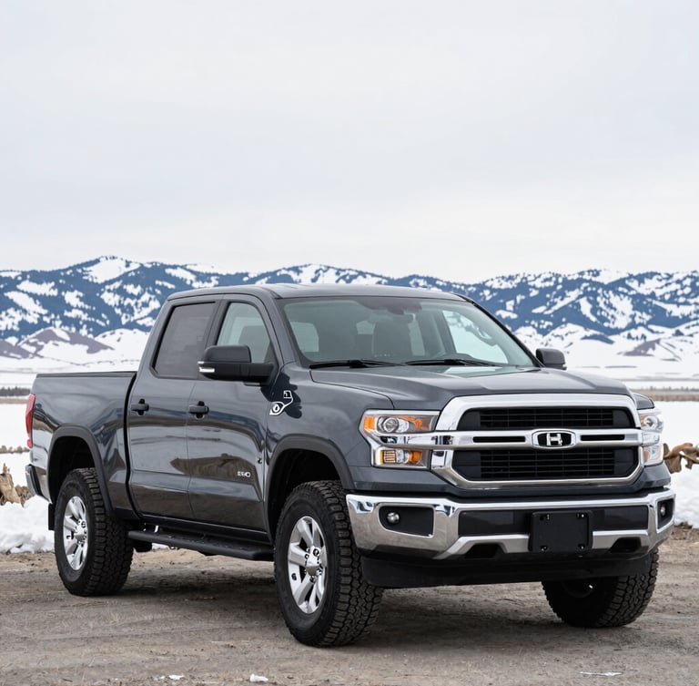 Sharp eye-level shot of a clean, dark-colored pickup truck ready for Idaho winters, parked outdoors on a crisp overcast day with snow-capped mountains in the far distance.