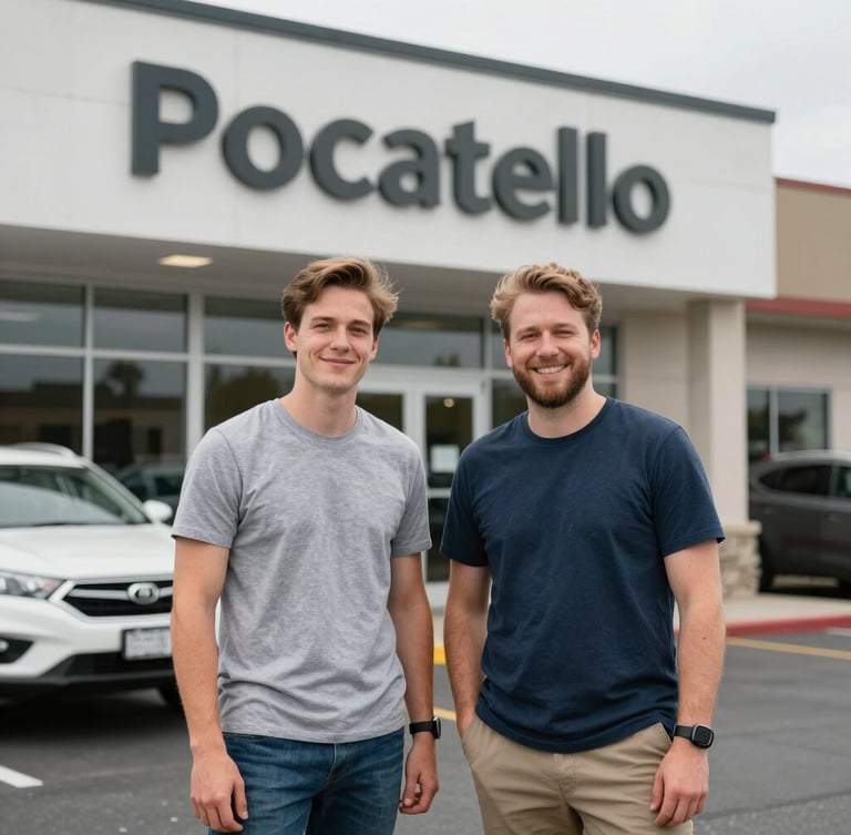 Honest, unposed medium shot of two friendly brothers standing outside their clean Pocatello dealership storefront under natural overcast daylight.