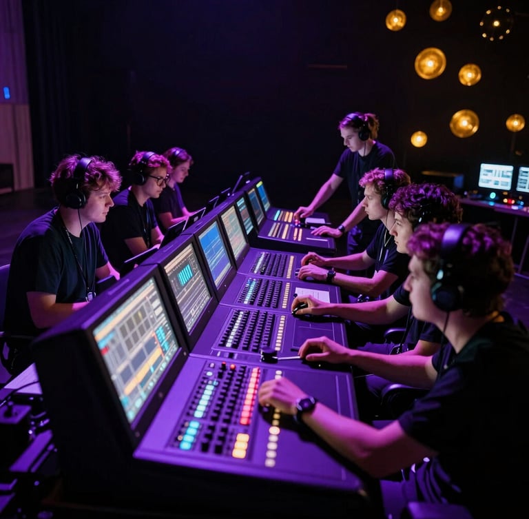 Behind-the-scenes shot of a creative production team collaborating at a lighting console, glowing monitors casting purple and blue light on focused faces, high contrast