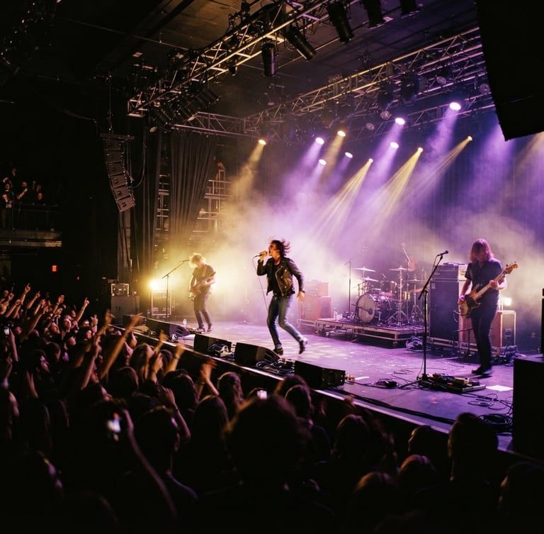 Dynamic low-angle shot of an active concert stage, dramatic purple and gold theatrical lighting beams piercing deep shadows, wide environmental perspective, 35mm film style