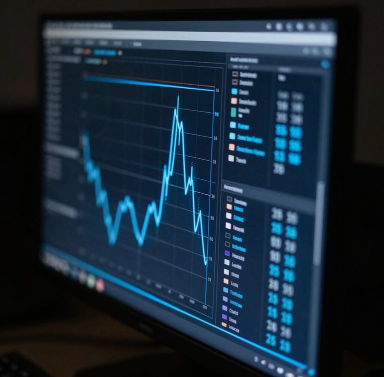 Macro close-up of a dark-themed operational dashboard on a high-end monitor, sharp electric blue data flow lines, low-key ambient lighting, highly technical and precise