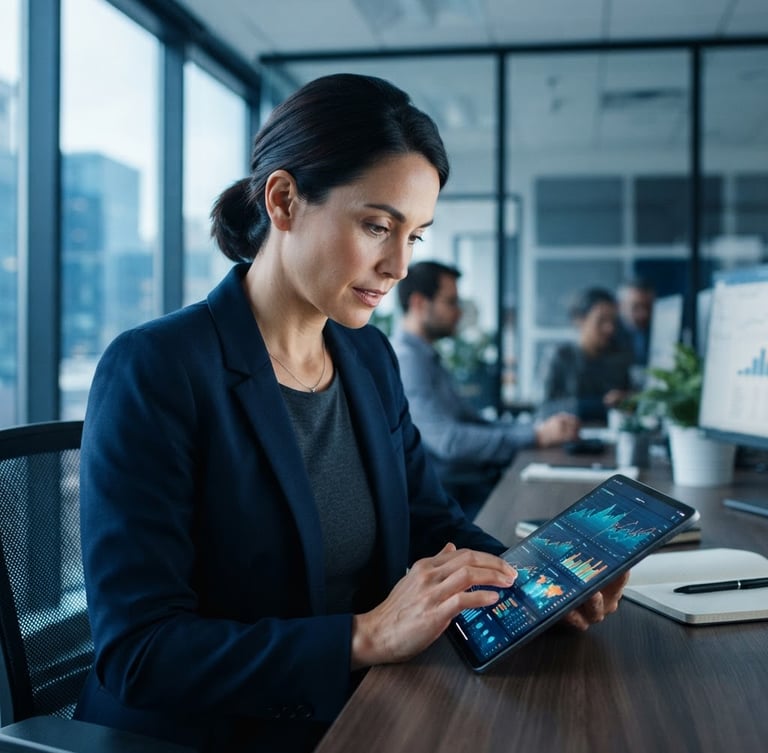 Medium close-up of a corporate research lead analyzing real-time statistical charts on a modern tablet, cool natural office daylight, deep blue and slate tones, crisp details, 35mm lens