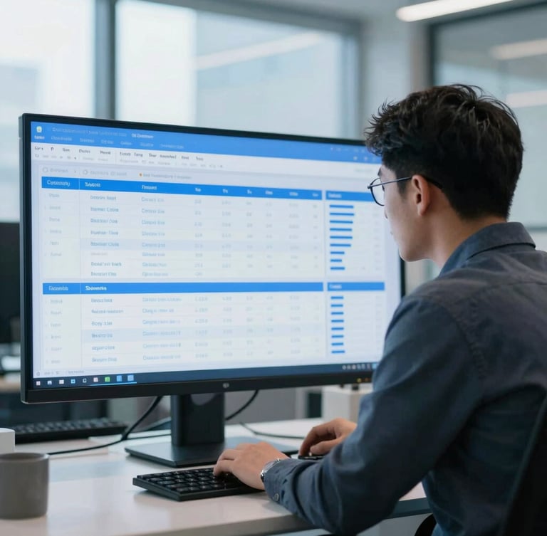 A professional data analyst working in a bright, modern architectural office, viewing a clean data dashboard on a screen, soft blue screen glow, 35mm lens