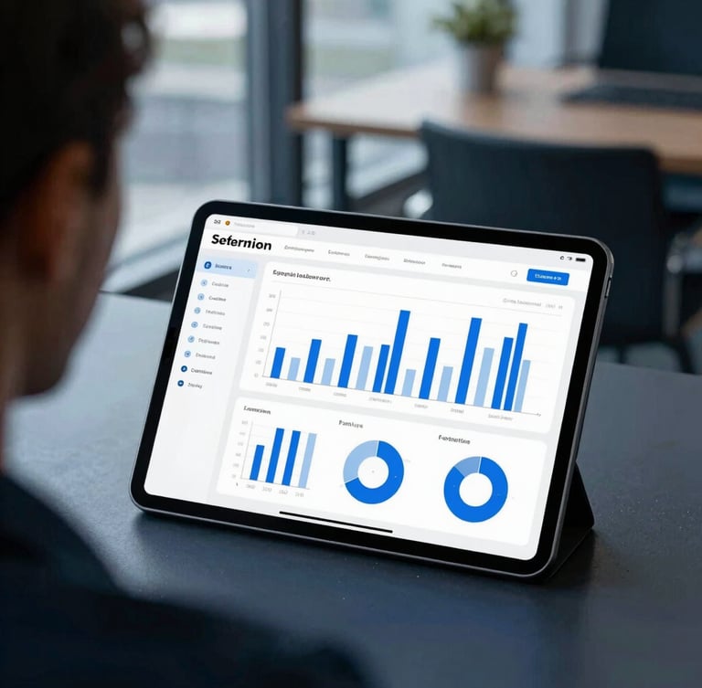 Over-the-shoulder view of a tablet displaying a clean data dashboard with bar charts, cool natural office daylight, deep blue and slate tones, 35mm lens