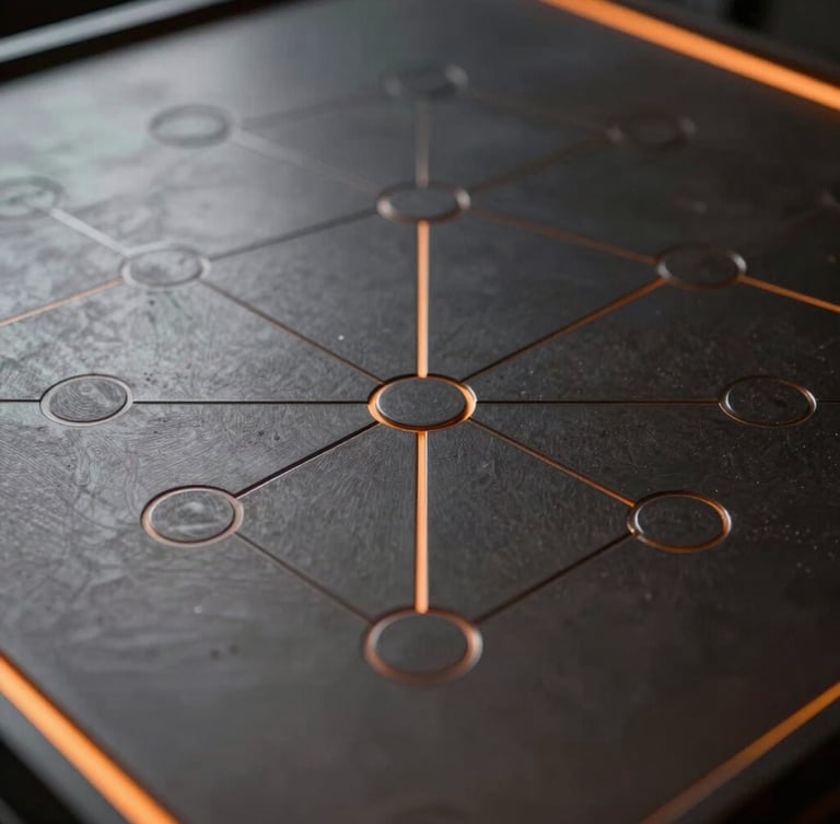 An elegant, clean structural diagram showing connected nodes and clean pathways, etched into dark metal, low-key lighting, orange accent lines, architectural precision.