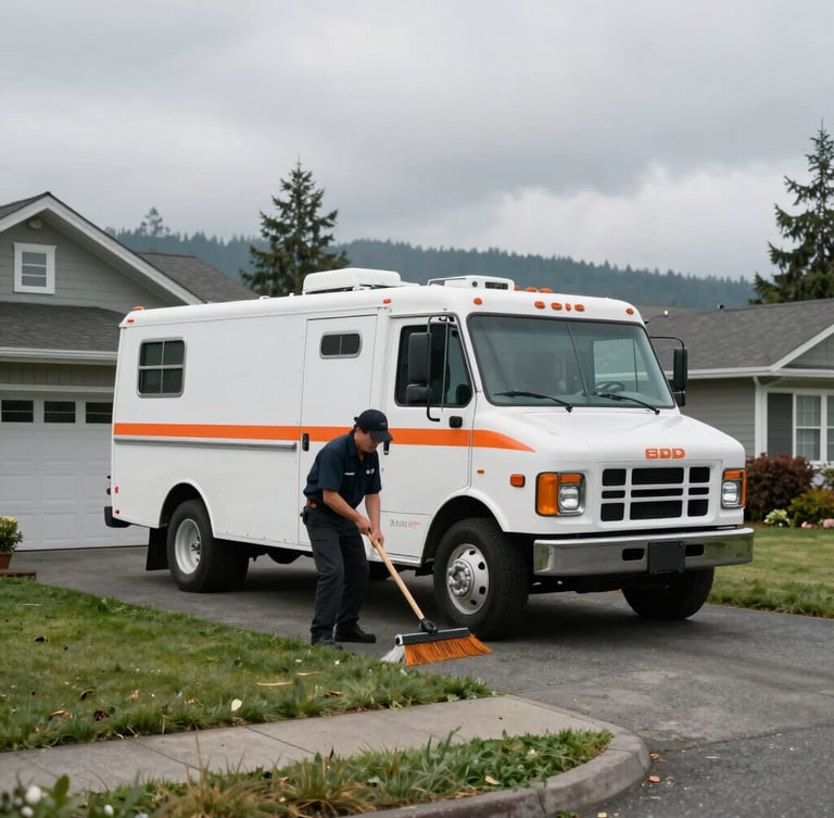 Wide shot of a clean Junkie Bunkie orange-accented truck parked in a Renton residential driveway, crew in uniform sweeping the cleared space under overcast Washington skies.