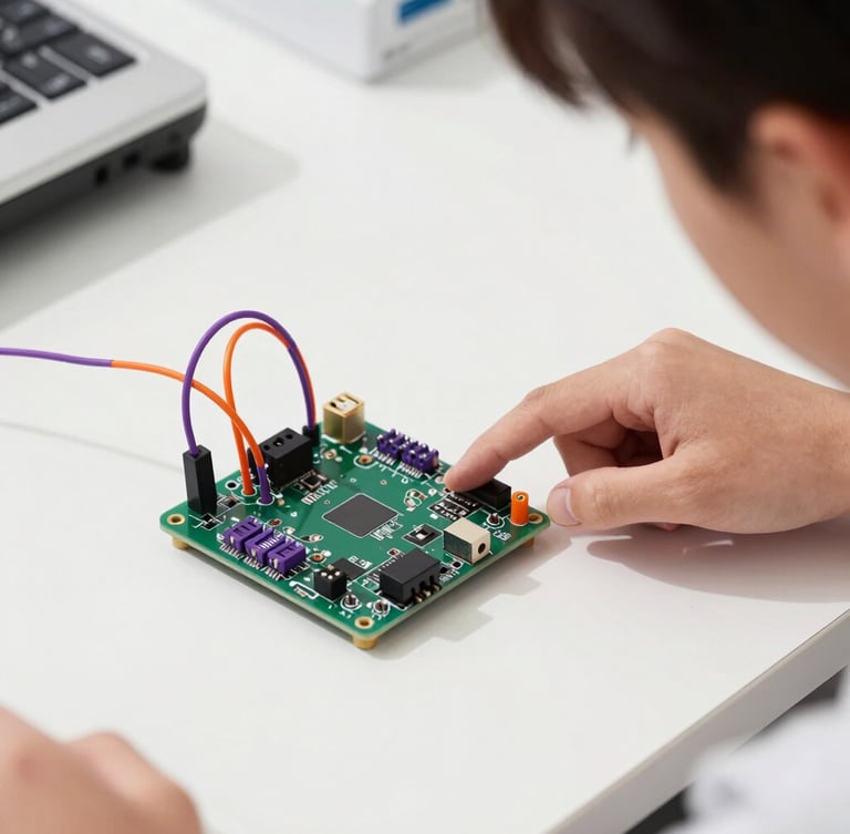 Angled close-up of a student pointing at a working microcontroller hardware prototype on a clean white desk, bright natural daylight, purple and orange wires