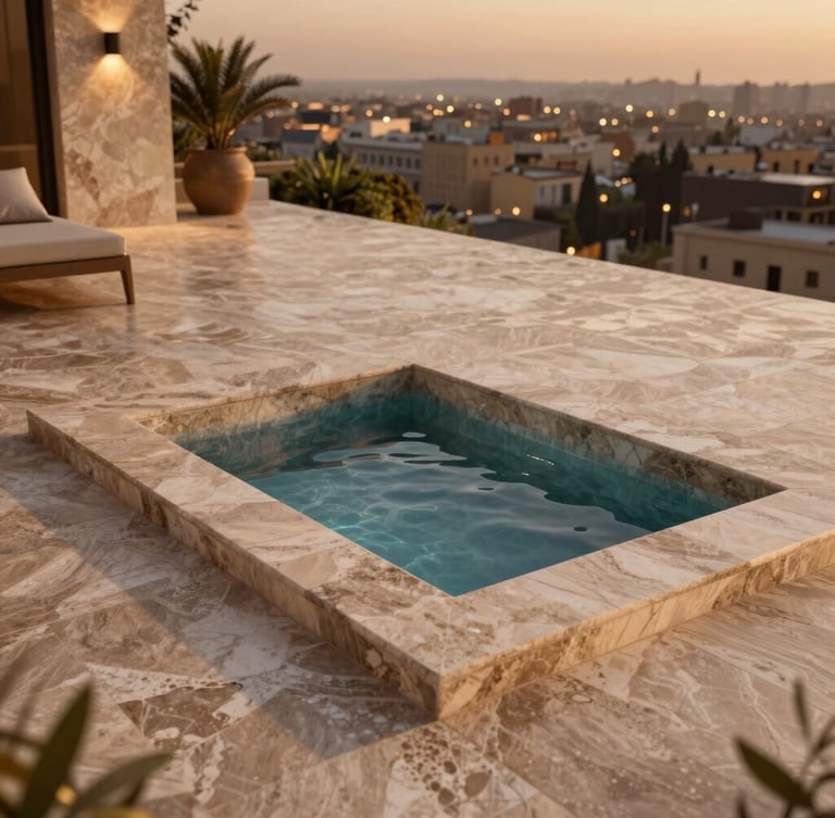 Photorealistic 3D architectural render of a private travertine terrace with a deep plunge pool overlooking West Cairo at twilight, warm ambient lighting, 8k